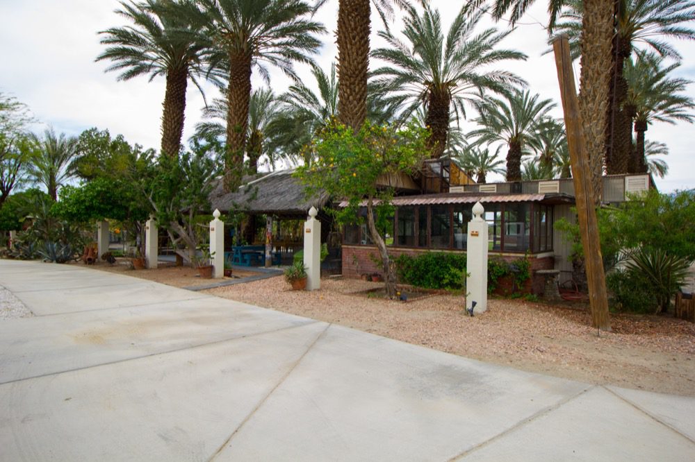 A palm tree lined driveway with a house in the background.