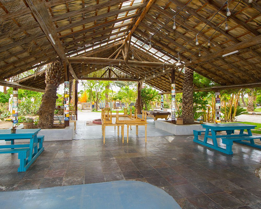 A large open area with benches and tables.