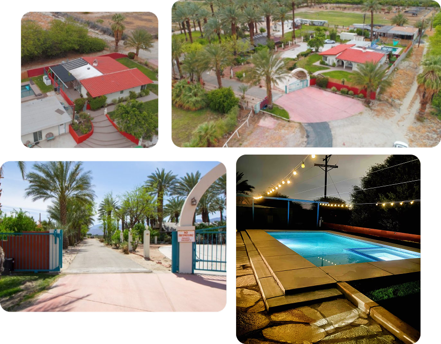 59 Aerial and ground views of a resort with pools, pathways, and palm trees.
